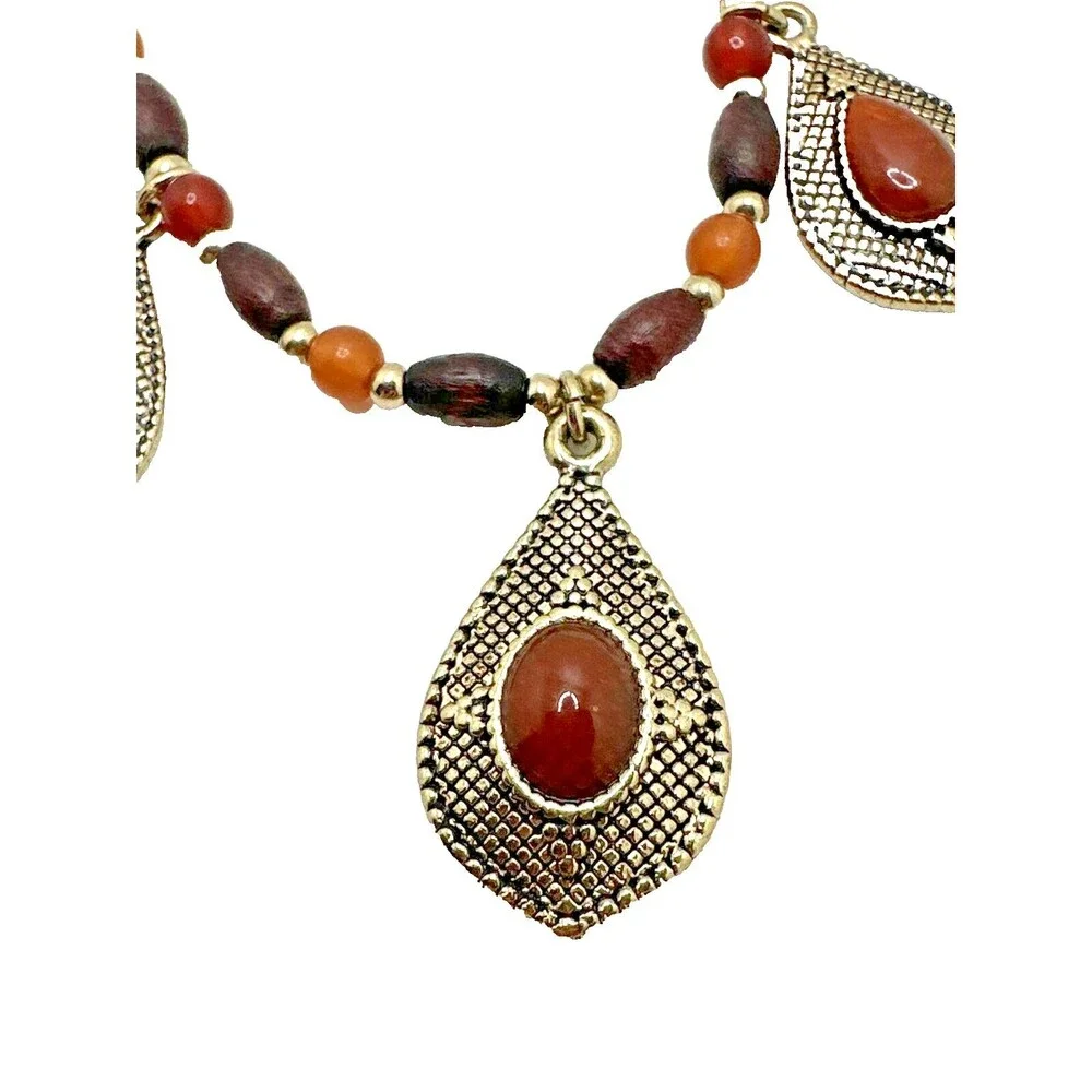 Chaps Necklace Wood Bead Earth Tone Red Dangle Statement Boho 18-20